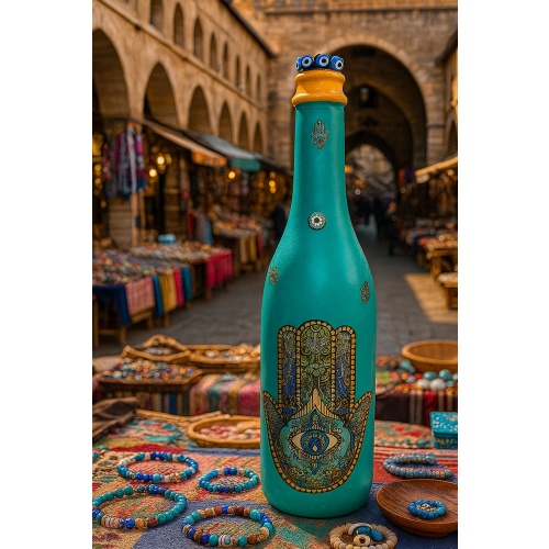 Hamsa Hand decoupage bottle. Hand of Fatima. Decorated bottle handmade. Hand painted. Witchy Altar tool