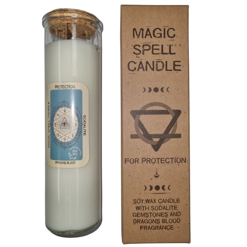 Magic Spell Candle for Protection Soy Wax with Sodalite Gemstones and Dragons Blood Fragrance