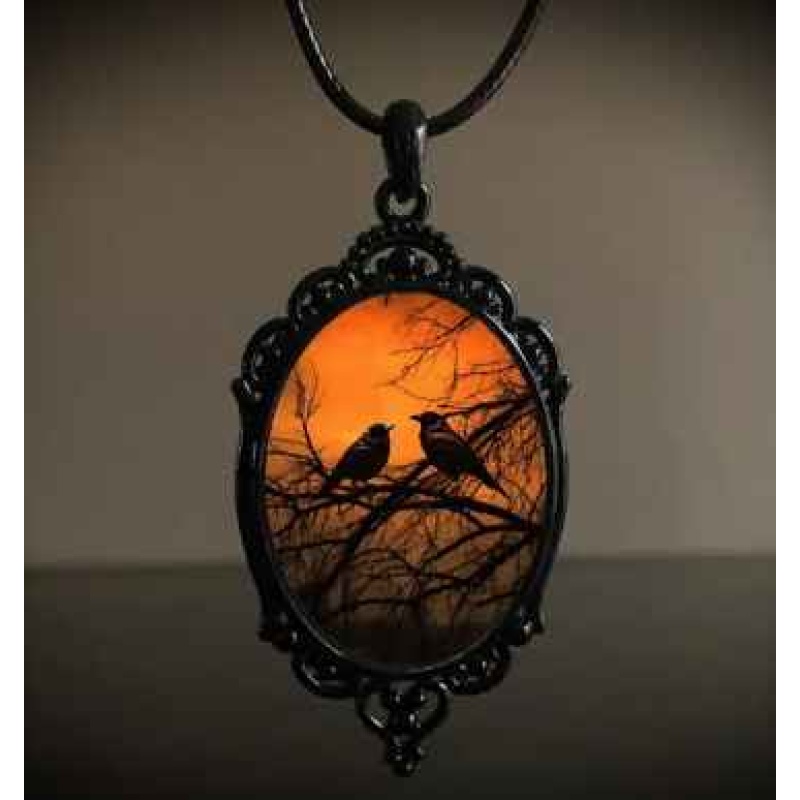 Goth, Gothic black raven necklace cameo pendant