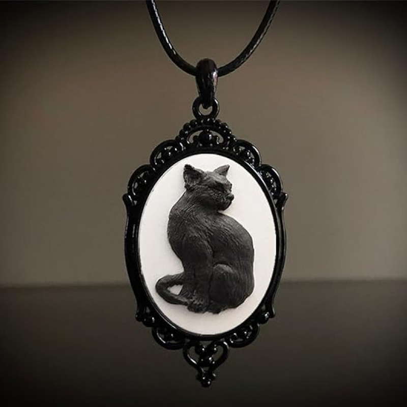 Gothic Cat Necklace Black Cat Cameo Pendant Necklace