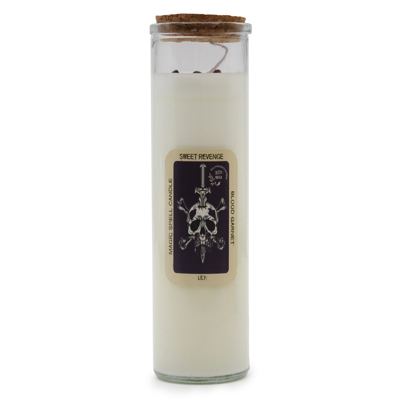 Magic Spell Candle for Sweet Revenge Soy Wax with Blood Garnet Gemstones and Lily Fragrance