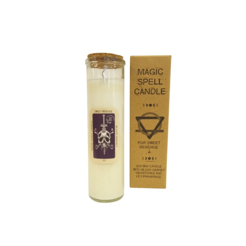 Magic Spell Candle for Sweet Revenge Soy Wax with Blood Garnet Gemstones and Lily Fragrance