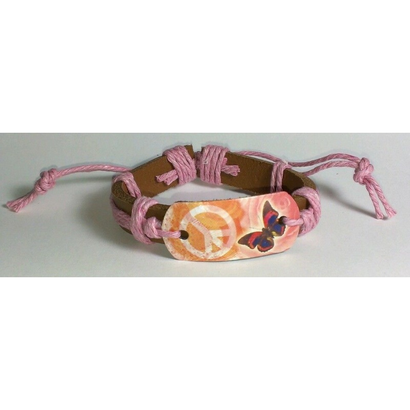 NEW BUTTERFLY BUTTERFLY PINK ORANGE BROWN ADJ LEATHER HEMP CUFF BRACELET