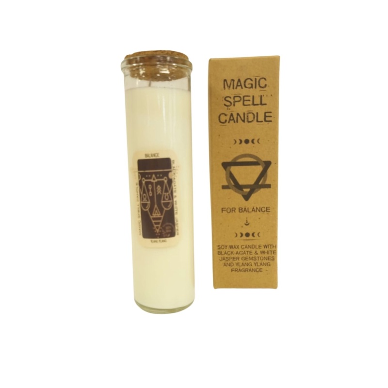 Magic Spell Candle for Balance Soy Wax with Black Agate & White Jasper Gemstones and Ylang-Ylang Fragrance