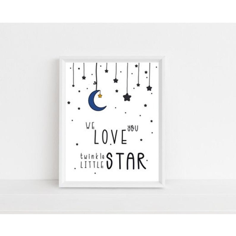 Nursery décor, kids room, framed prints, moon and starts, we love you twinkle