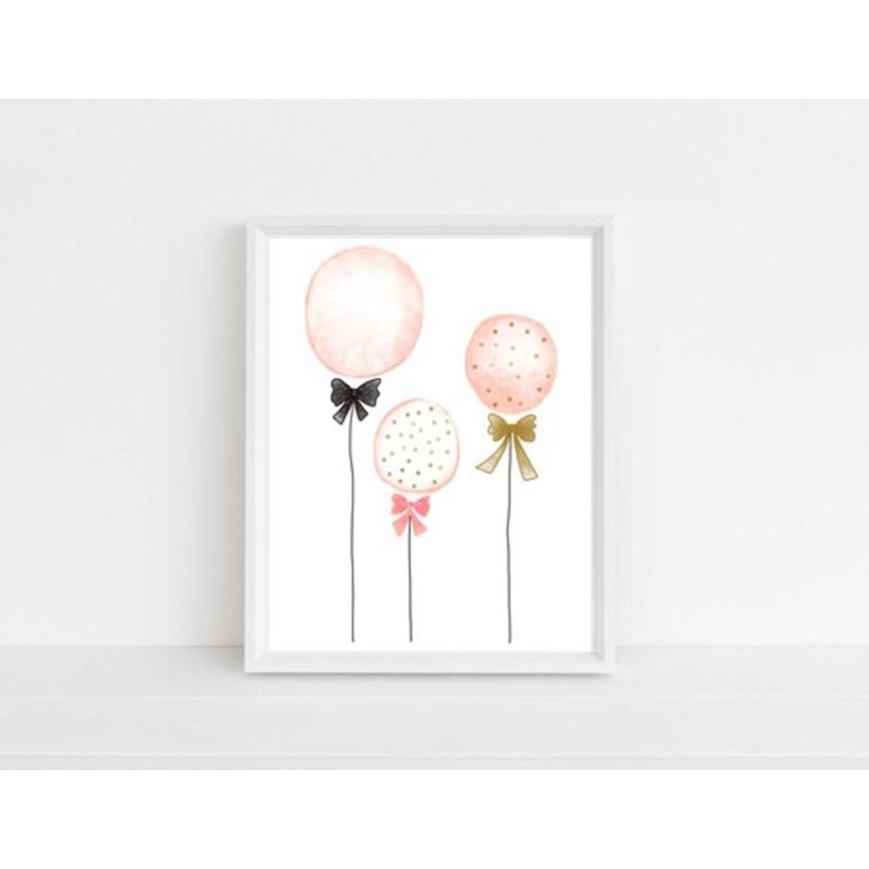 Nursery décor, framed prints, kids room,girls, pink balloons