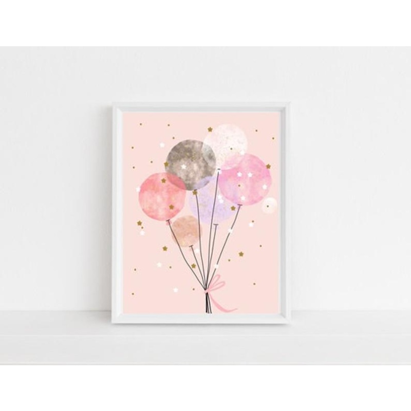 Nursery décor, framed prints, girls room, kids room, pink balloons