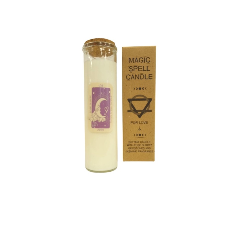 Magic Spell Candle for Love Soy Wax with Rose Quartz Gemstones and Jasmine Fragrance