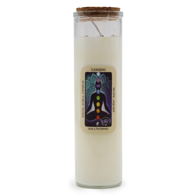 Magic Spell Candle for Cleansing Soy Wax with White Jasper Gemstones and Sage & Peppermint Fragrance