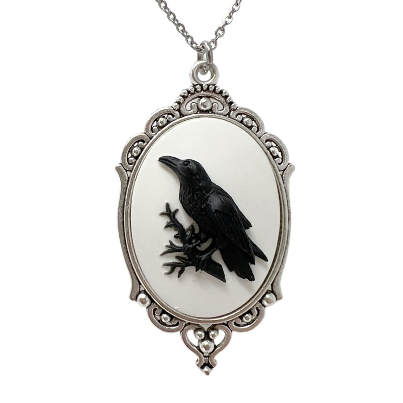 Goth, Gothic black raven necklace cameo pendant