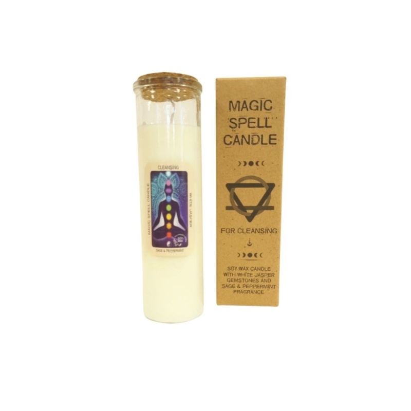 Magic Spell Candle for Cleansing Soy Wax with White Jasper Gemstones and Sage & Peppermint Fragrance