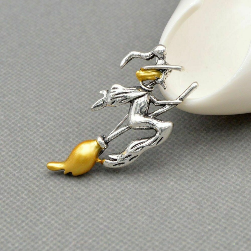 Large Flying Witch On Broom Grey Silver Broomstick Brooch