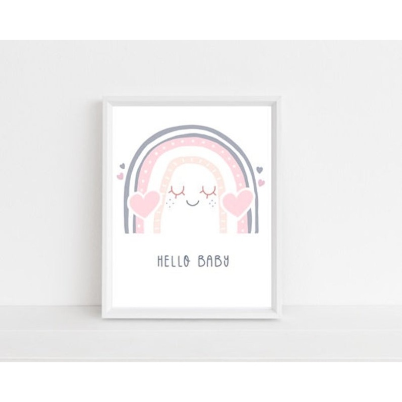 Nursery décor, kids room, rainbow, framed prints, hello baby