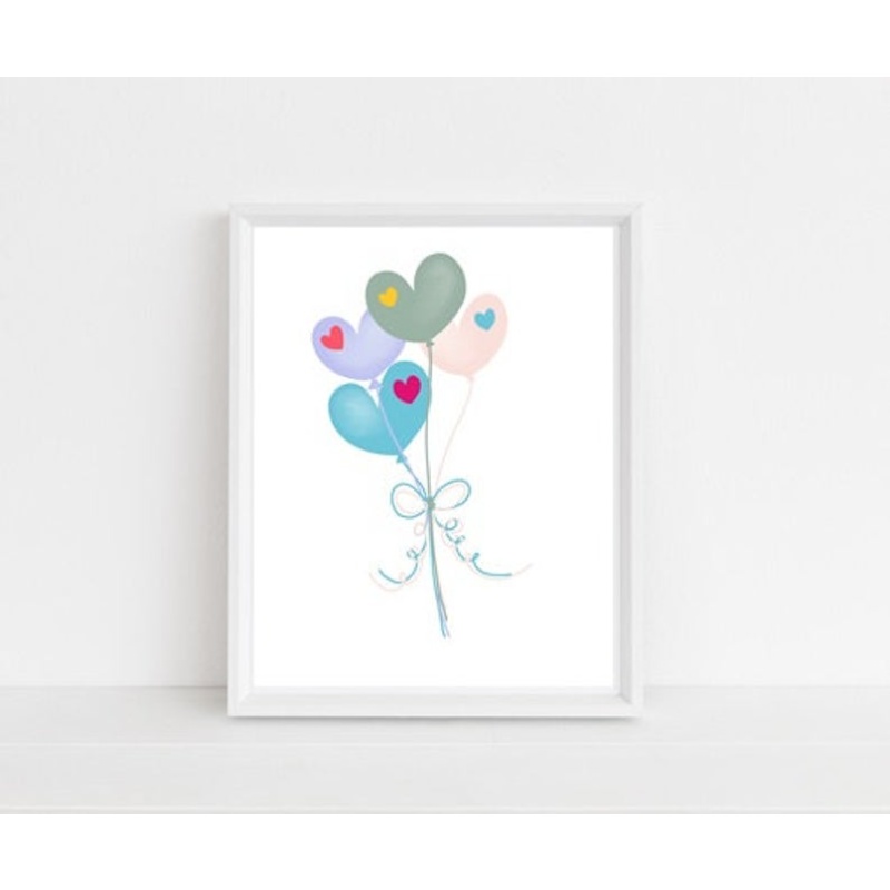 Nursery décor, kids room, framed prints, heart, balloons