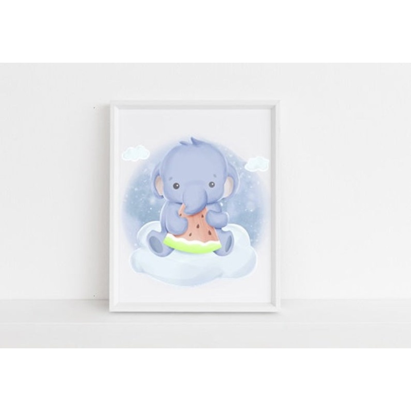 Nursery décor, kids room, framed prints, elephant, cute