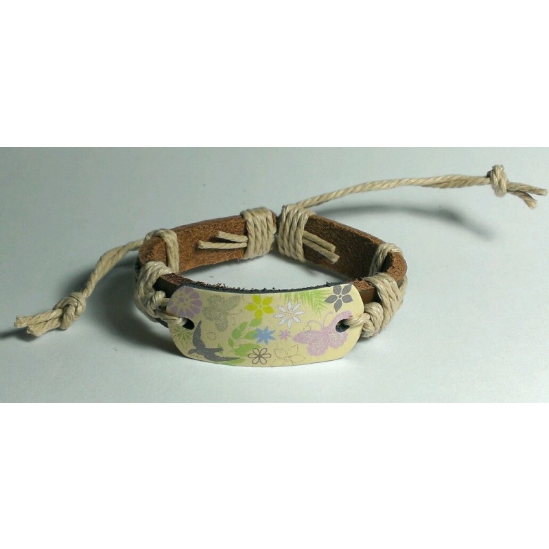 NEW BUTTERFLY PEACE SIGN CREAM BROWN ADJ LEATHER HEMP CUFF BRACELET