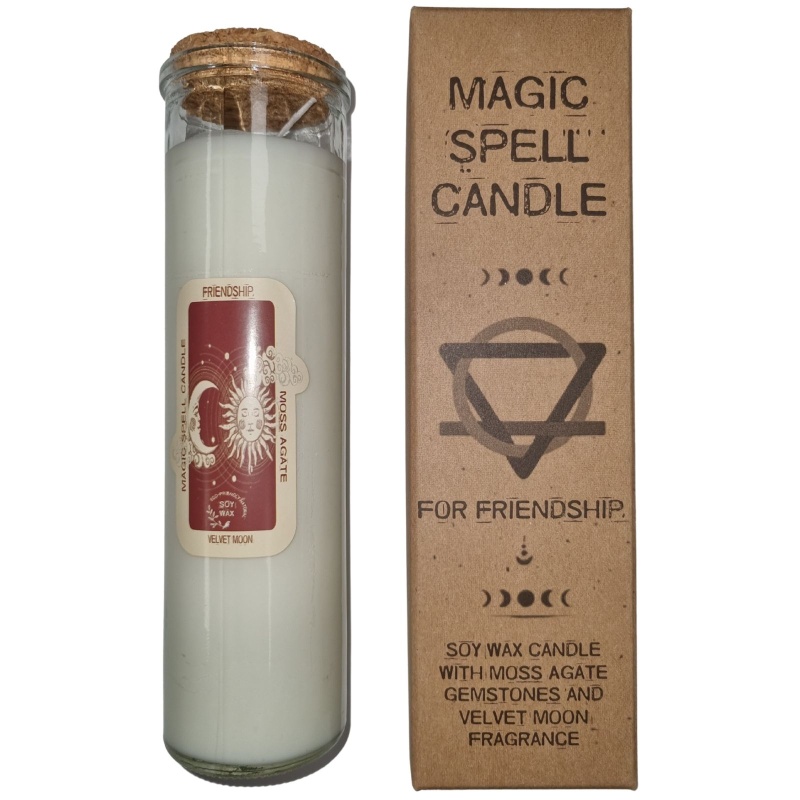 Magic Spell Candle for Friendship Wax with Moss Agate Gemstones and Velvet Moon Fragrance