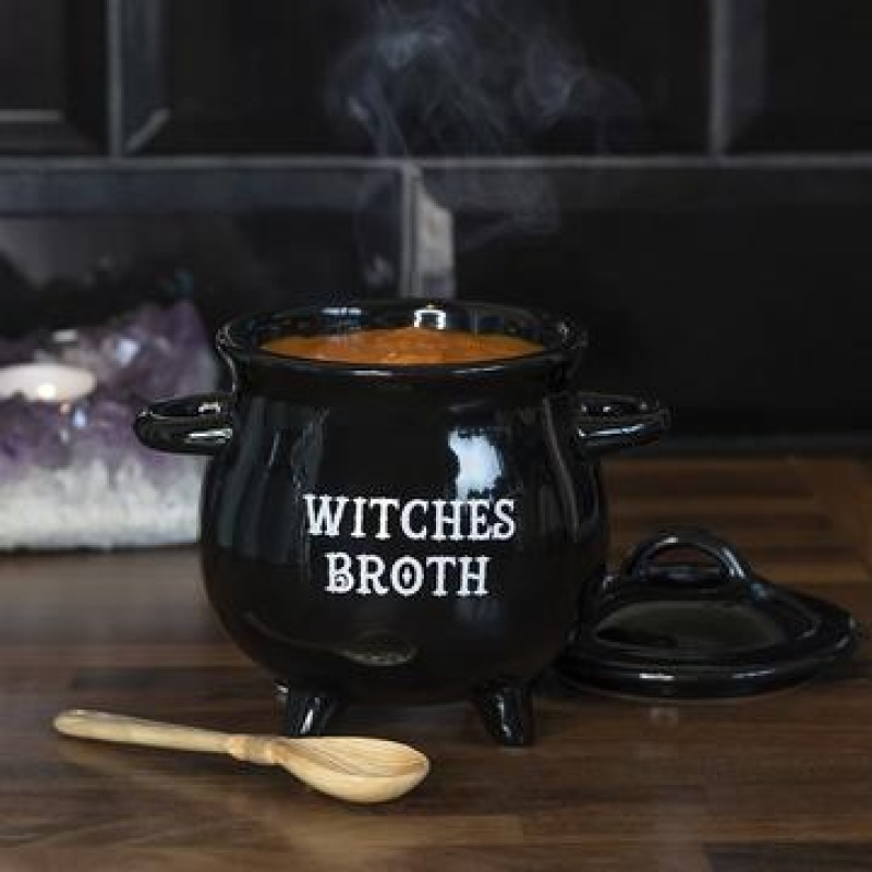 WITCHES BROTH CAULDRON SOUP BOWL WITH BROOM SPOON