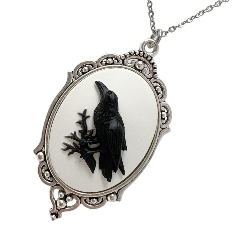 Goth, Gothic black raven necklace cameo pendant