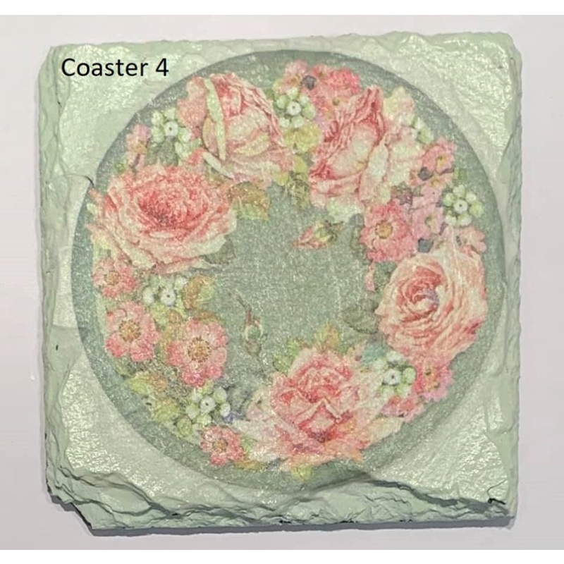 decoupage, slate coaster, flowers, green, roses