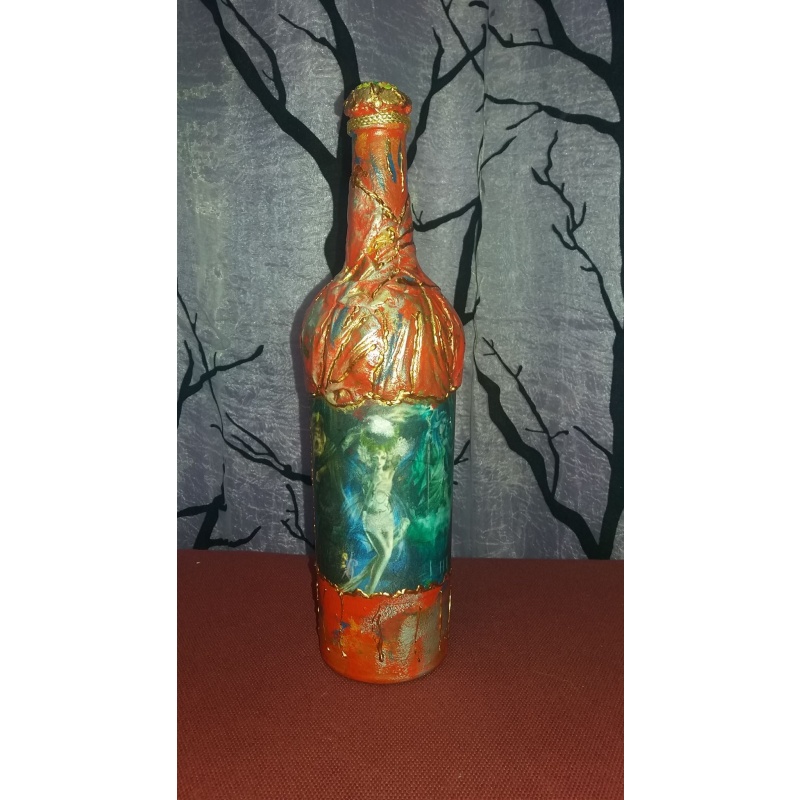 Magic Four Elements: Earth, Water, Air, and Fire decoupage bottle. Decorated bottle handmade. Hand painted. Altar tool