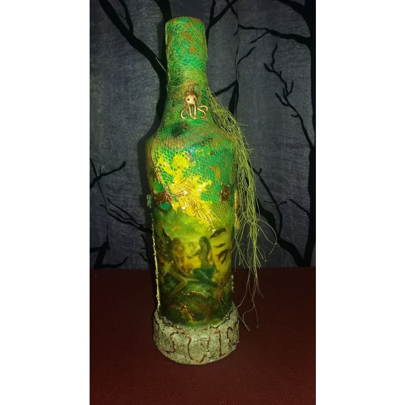 Magical Mermaid and Angel Decoupage Bottle - Enchanting Handcrafted Altar Tool -Magic creatures - Decorated bottle handmade -  sacred space