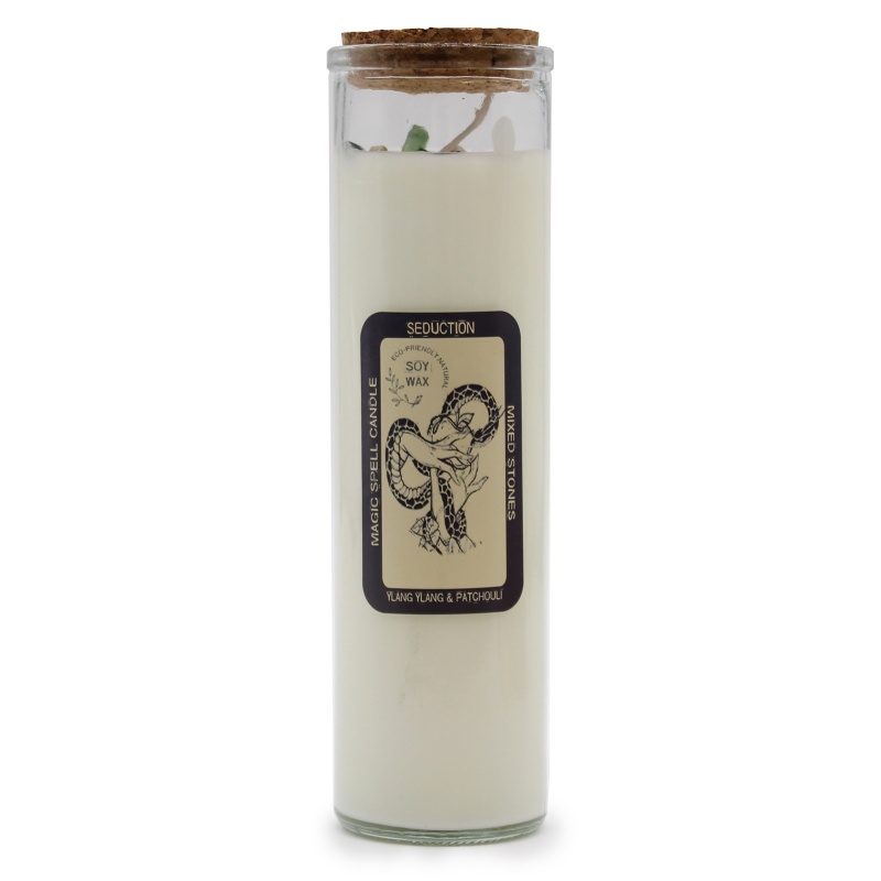 Magic Spell Candle for Seduction Soy Wax with Mixed Gemstones and Patchouli Fragrance