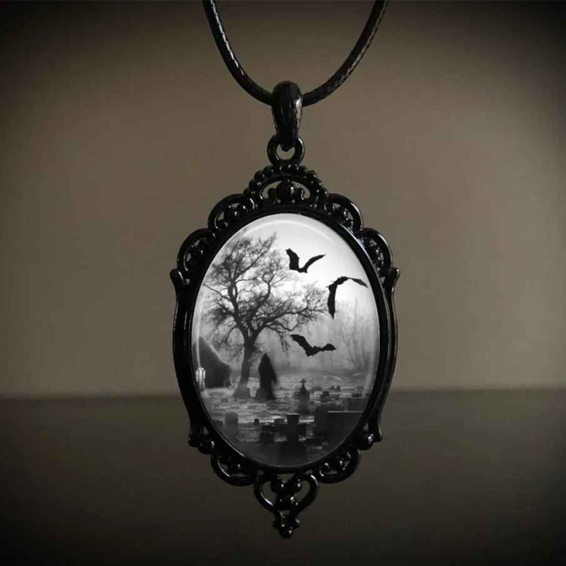 Goth, Gothic Bat, bats necklace cameo pendant