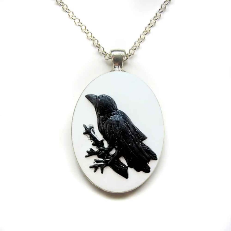 Goth, Gothic black raven necklace cameo pendant