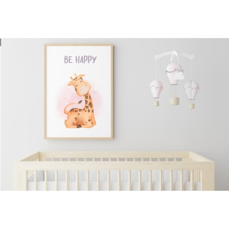 Nursery decor, kids room, framed prints, Be Happy, Giraffe