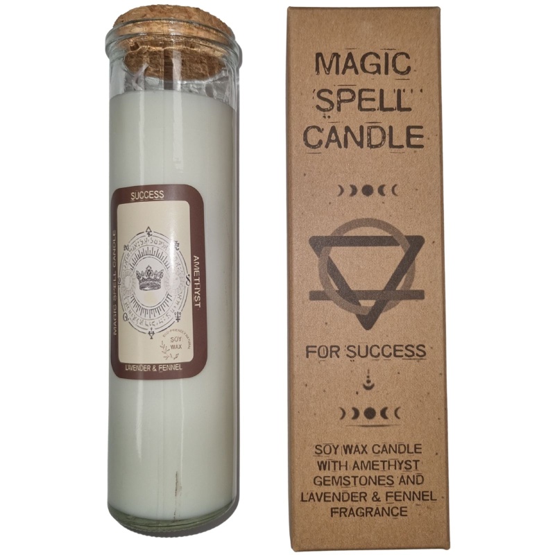 Magic Spell Candle for Success Wax with Amethyst Gemstones and Lavender & Fennel Fragrance