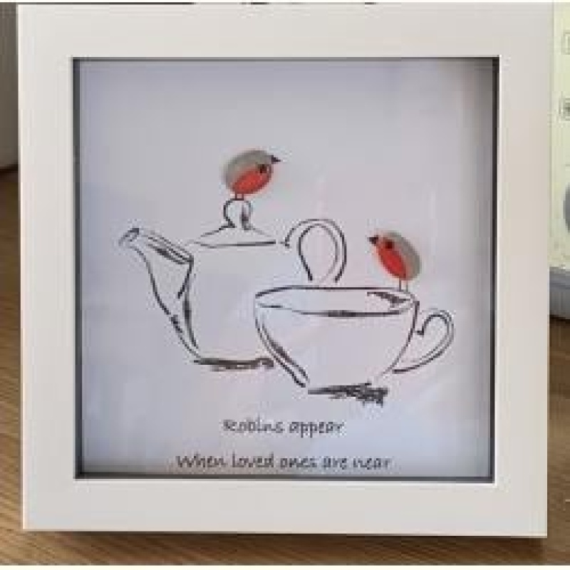 pebble picture, robin, Robins on teapot, gift