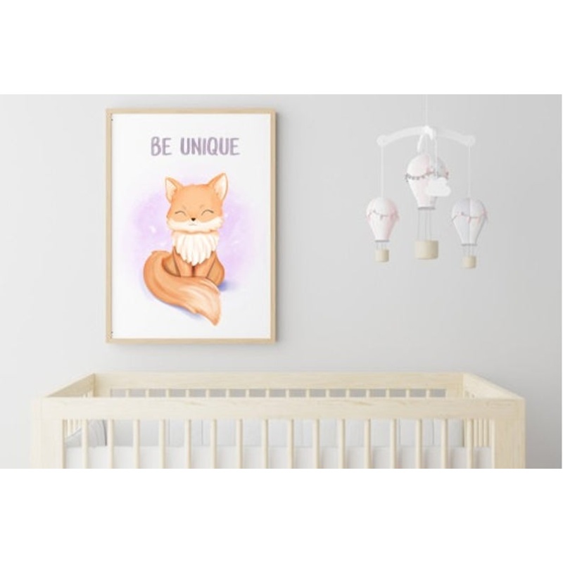 Nursery decor, kids room, framed prints, Be Unique, Fox