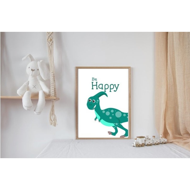 nursery decor, kids room, framed prints, be happy, dinosaur