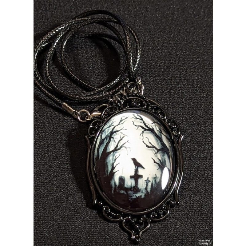 Goth, Gothic black raven necklace cameo pendant