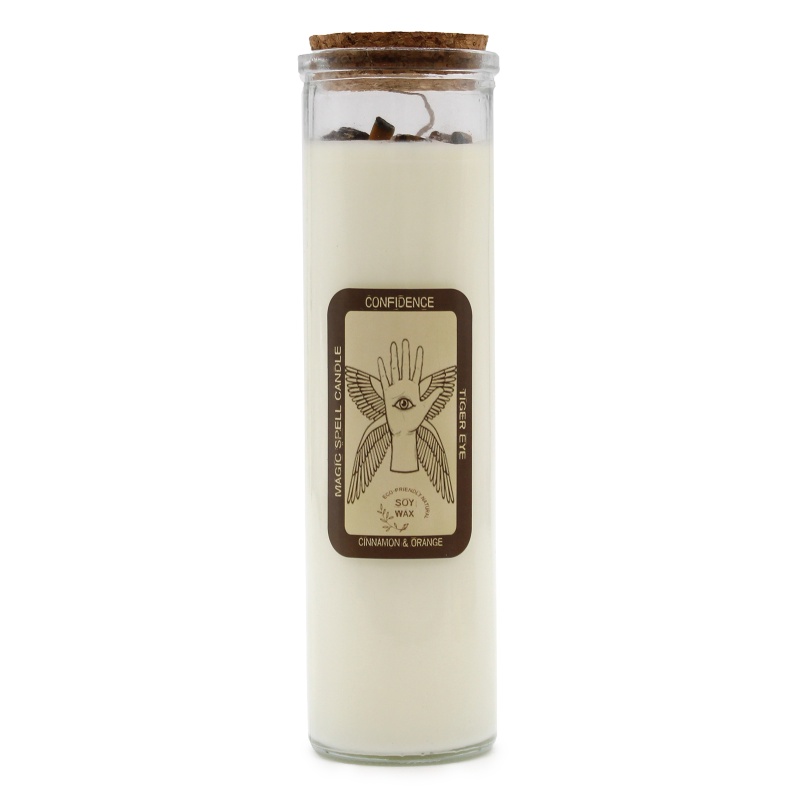 Magic Spell Candle for Confidence Soy Wax with Tigers Eye Gemstones and Cinnamon Fragrance