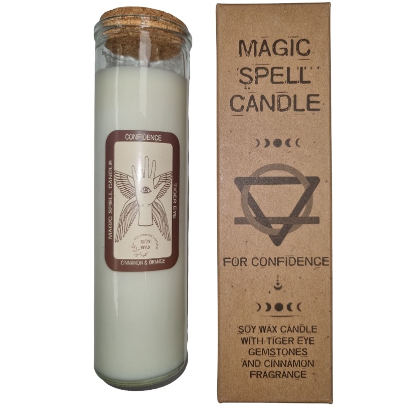 Magic Spell Candle for Confidence Soy Wax with Tigers Eye Gemstones and Cinnamon Fragrance