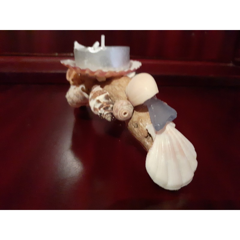 Bifurcated sea wood tealight candle holder decorated with scallop shells Conch Shells, Clam Sea Shells, snail shells, sea stones sea glasses