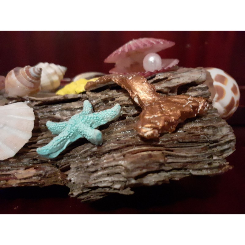 Enchanting Coastal Delights: Handcrafted Thassos Driftwood Tealight Candle Holder with Sea Shell Medley and Clay Mermaid Accent