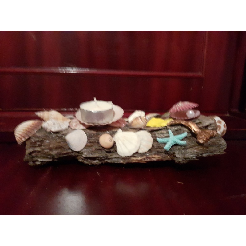 Enchanting Coastal Delights: Handcrafted Thassos Driftwood Tealight Candle Holder with Sea Shell Medley and Clay Mermaid Accent