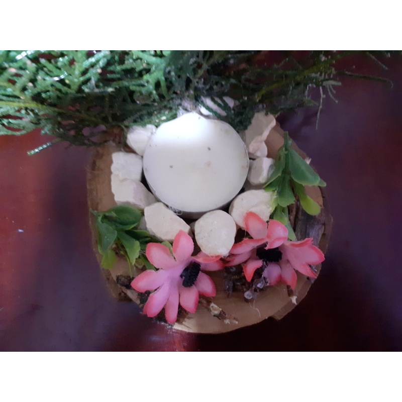 Olive Wood Base and Pieces of Natural Cypress Branch for LED Candle with Pink Fabric Flowers - Rustic and Elegant Home Decor