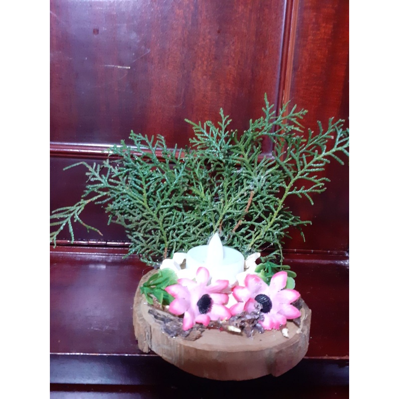 Olive Wood Base and Pieces of Natural Cypress Branch for LED Candle with Pink Fabric Flowers - Rustic and Elegant Home Decor