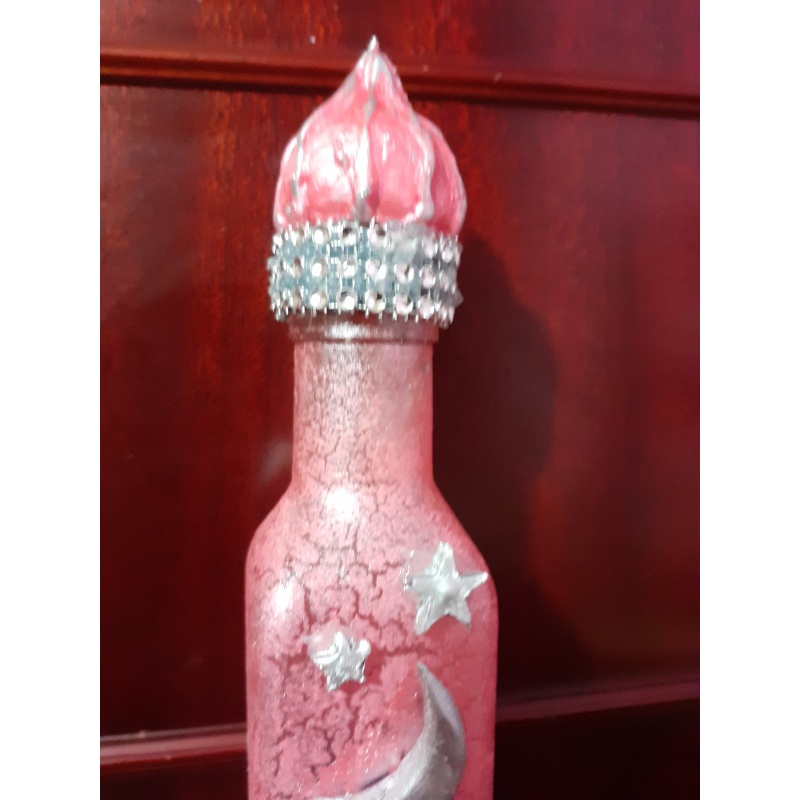 Liquor Elegantly Square Decorated Bottle - Pink Magenta Crackle Effect Crystal Strasses Handmade Cap - Perfect Gift & Versatile Home Decor