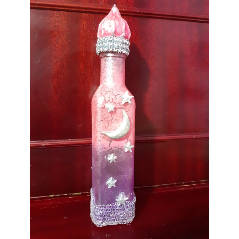 Liquor Elegantly Square Decorated Bottle - Pink Magenta Crackle Effect Crystal Strasses Handmade Cap - Perfect Gift & Versatile Home Decor