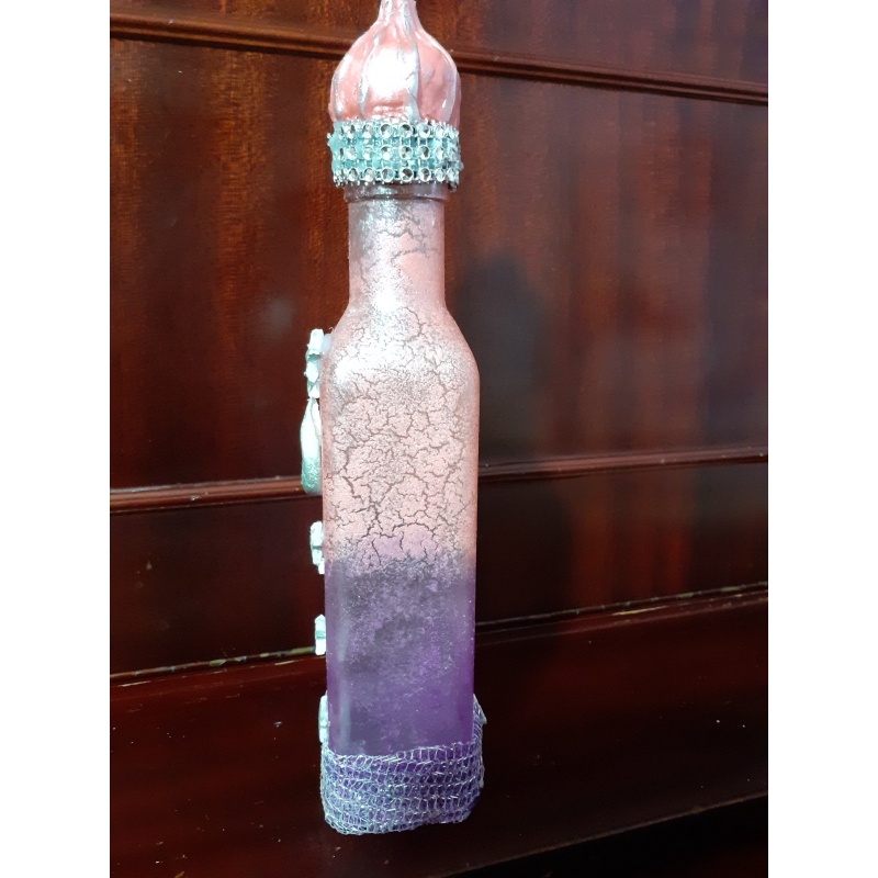 Liquor Elegantly Square Decorated Bottle - Pink Magenta Crackle Effect Crystal Strasses Handmade Cap - Perfect Gift & Versatile Home Decor