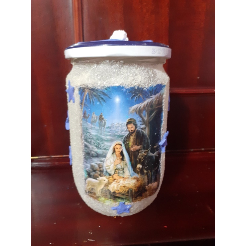 Jesus birth in manger. Christmas gift. Decorated jar handmade. Hand painted decor. Greek. LED tealight included