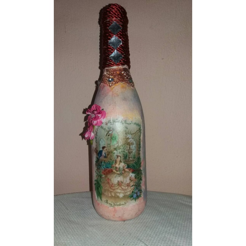 Vintage Lovers (Lovely Valentine's Day) decoupage bottle. Decorated bottle handmade. Hand painted. Witchy Altar tool