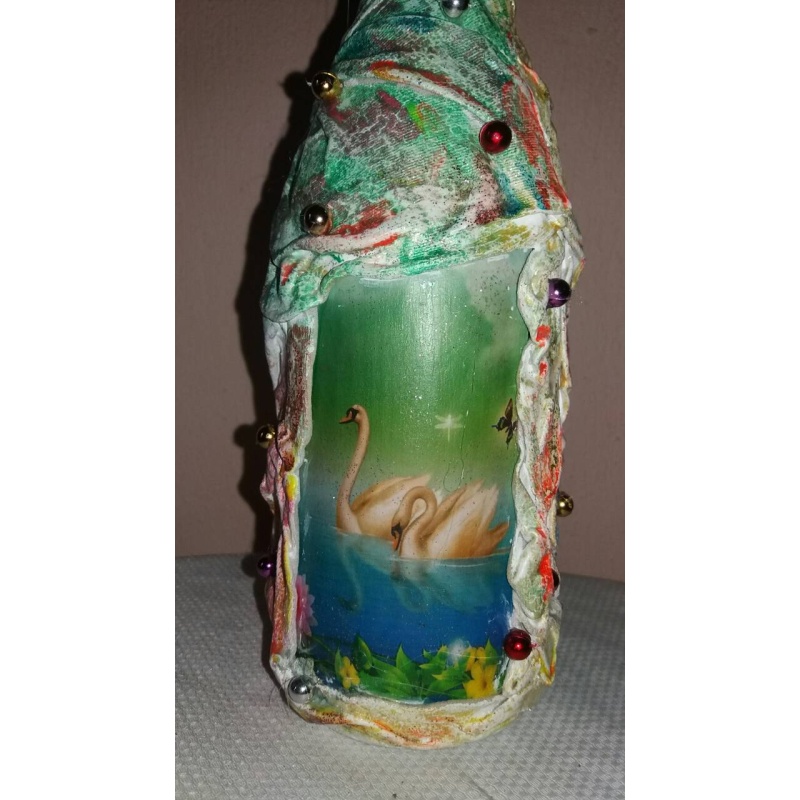 Swan Love Decoupage bottle. Decorated handmade Bottle. Hand painted. Witchy Altar tool