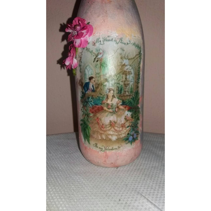 Vintage Lovers (Lovely Valentine's Day) decoupage bottle. Decorated bottle handmade. Hand painted. Witchy Altar tool