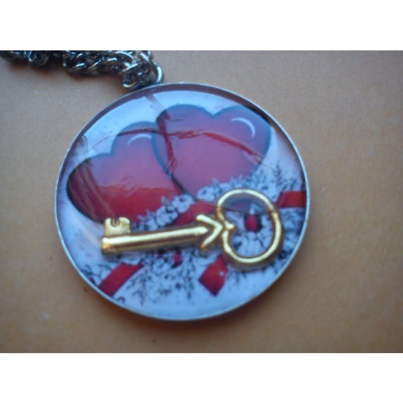 Red Double Heart Necklace with 3D gold key,Lovers charm Valentine day, romantic Jewelry